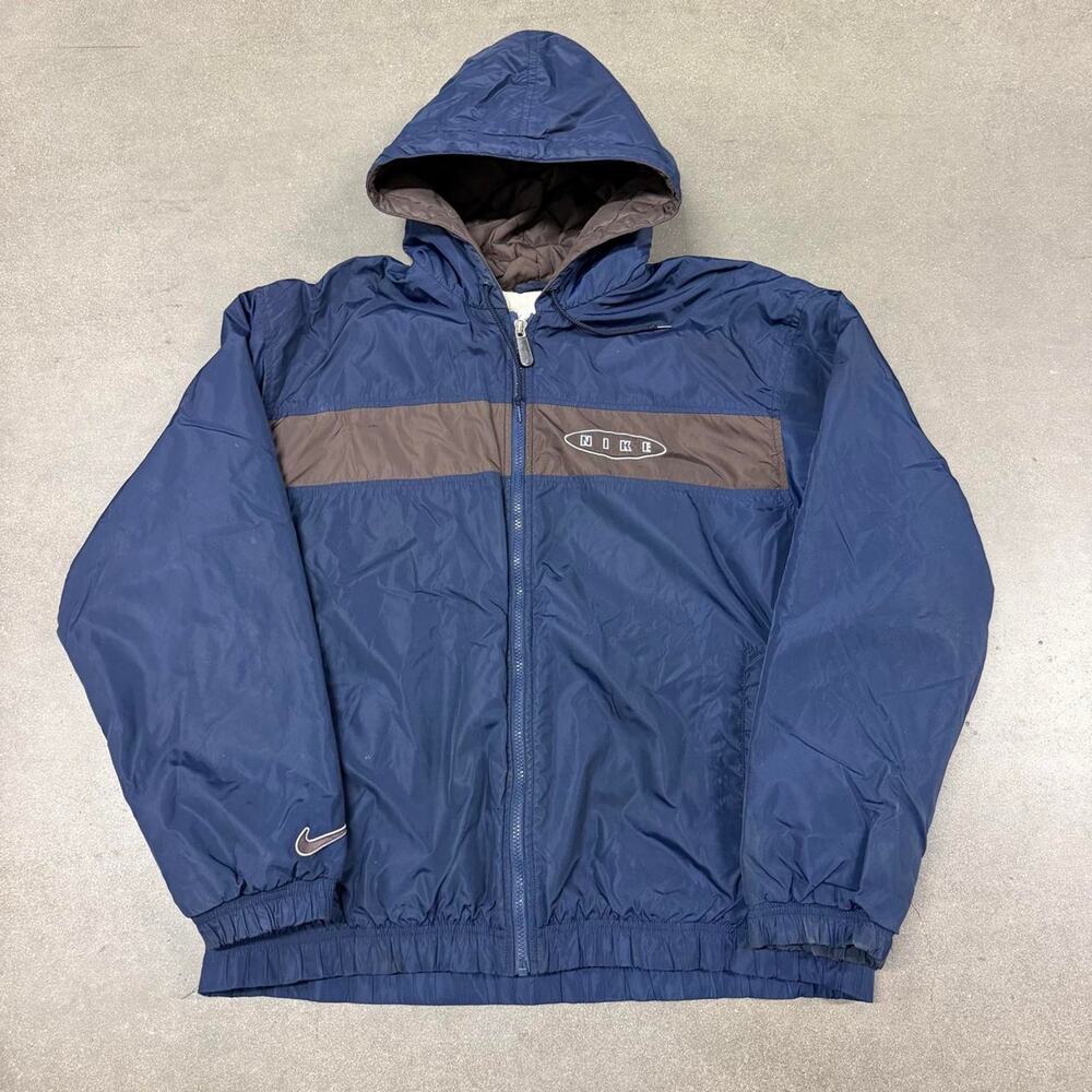 Nike 90s Puffer Jacket Big Swoosh Hooded Navy Brown Men’s L